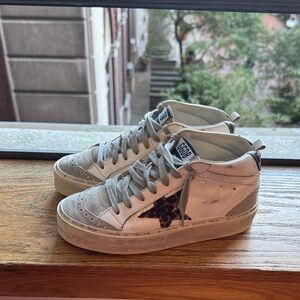 Golden Goose White and Gray Hi Mid with Leopard Accent — PRIVATE EDT
